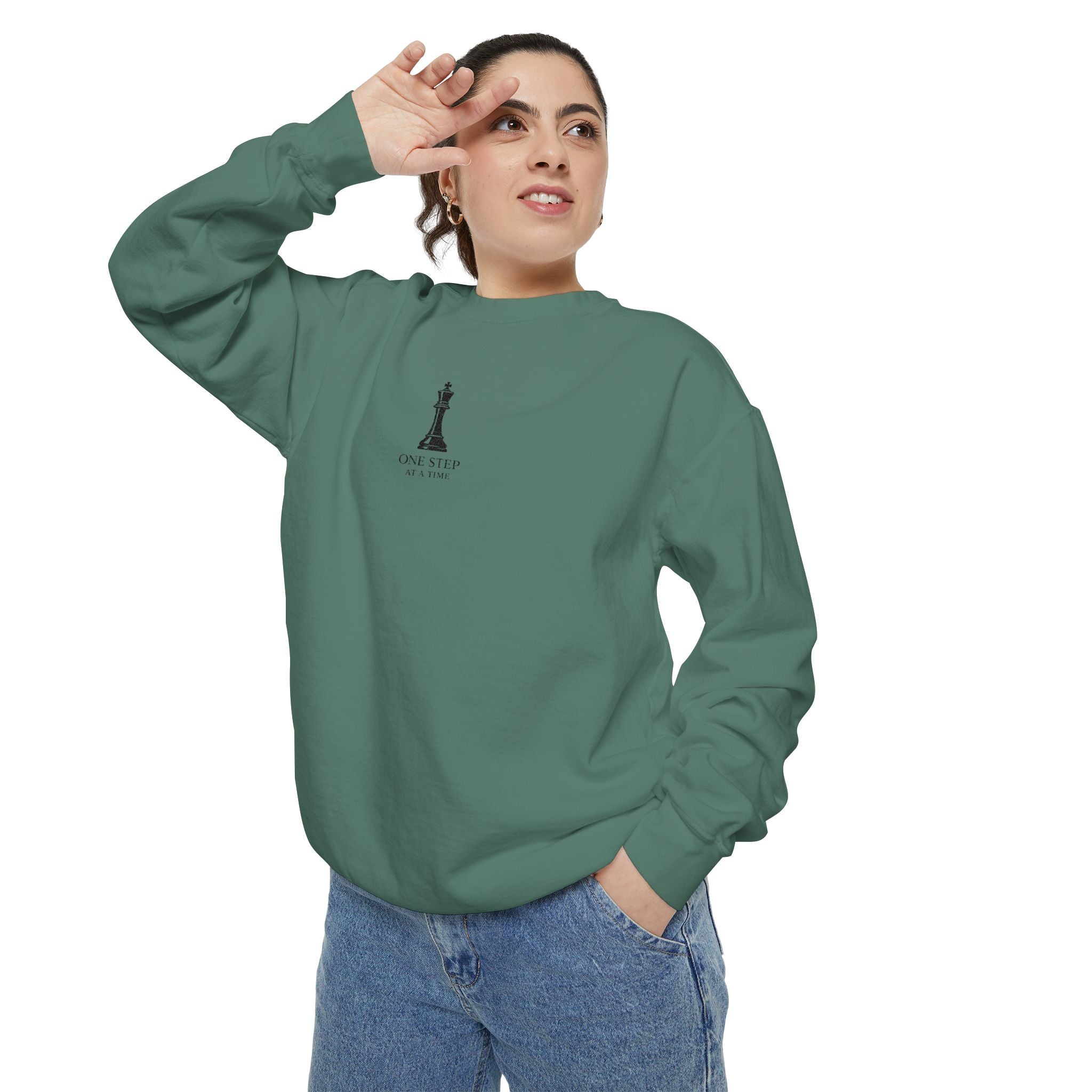 Minimalist Statue Crewneck Sweatshirt — "Love Over Fear" Graphic