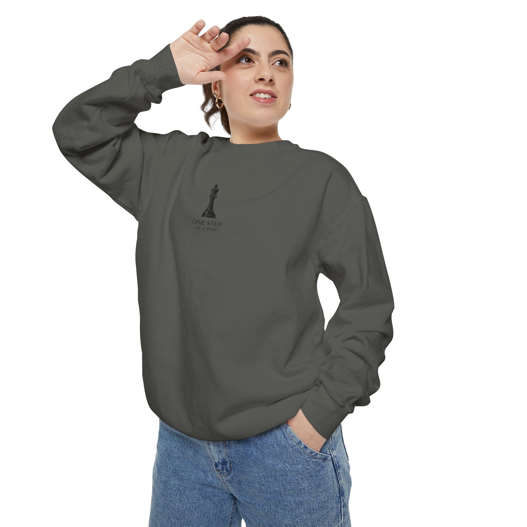 Minimalist Statue Crewneck Sweatshirt — "Love Over Fear" Graphic