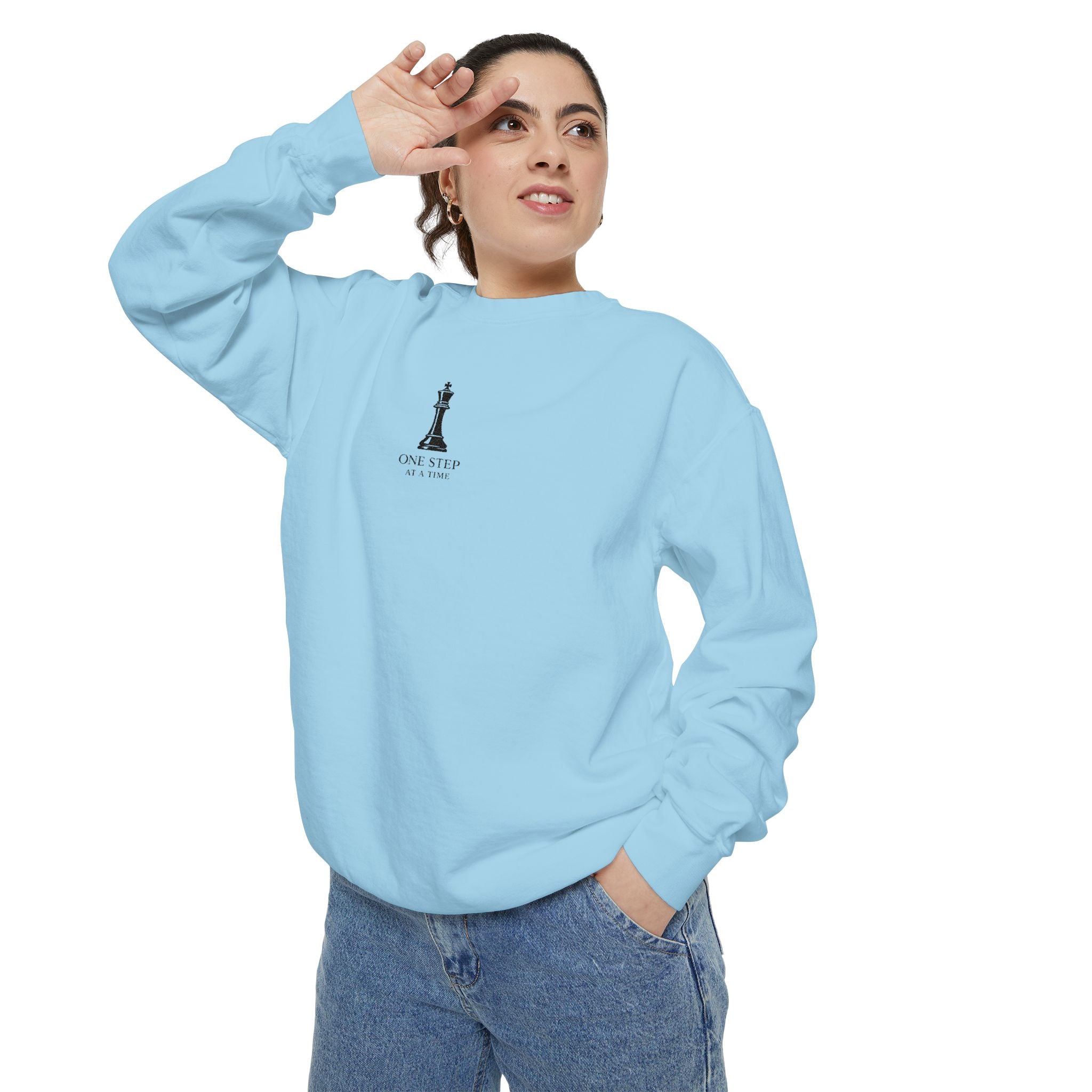 Minimalist Statue Crewneck Sweatshirt — "Love Over Fear" Graphic