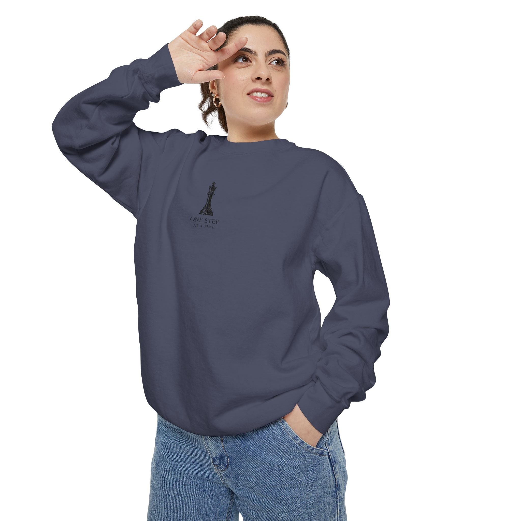 Minimalist Statue Crewneck Sweatshirt — "Love Over Fear" Graphic