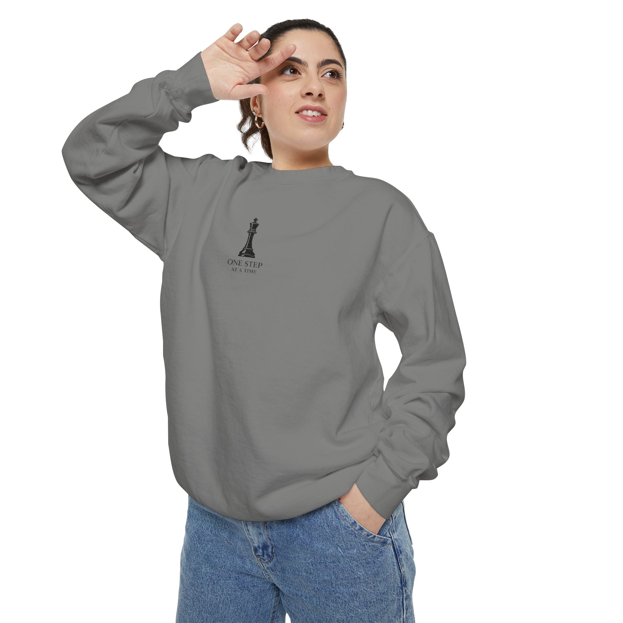 Minimalist Statue Crewneck Sweatshirt — "Love Over Fear" Graphic
