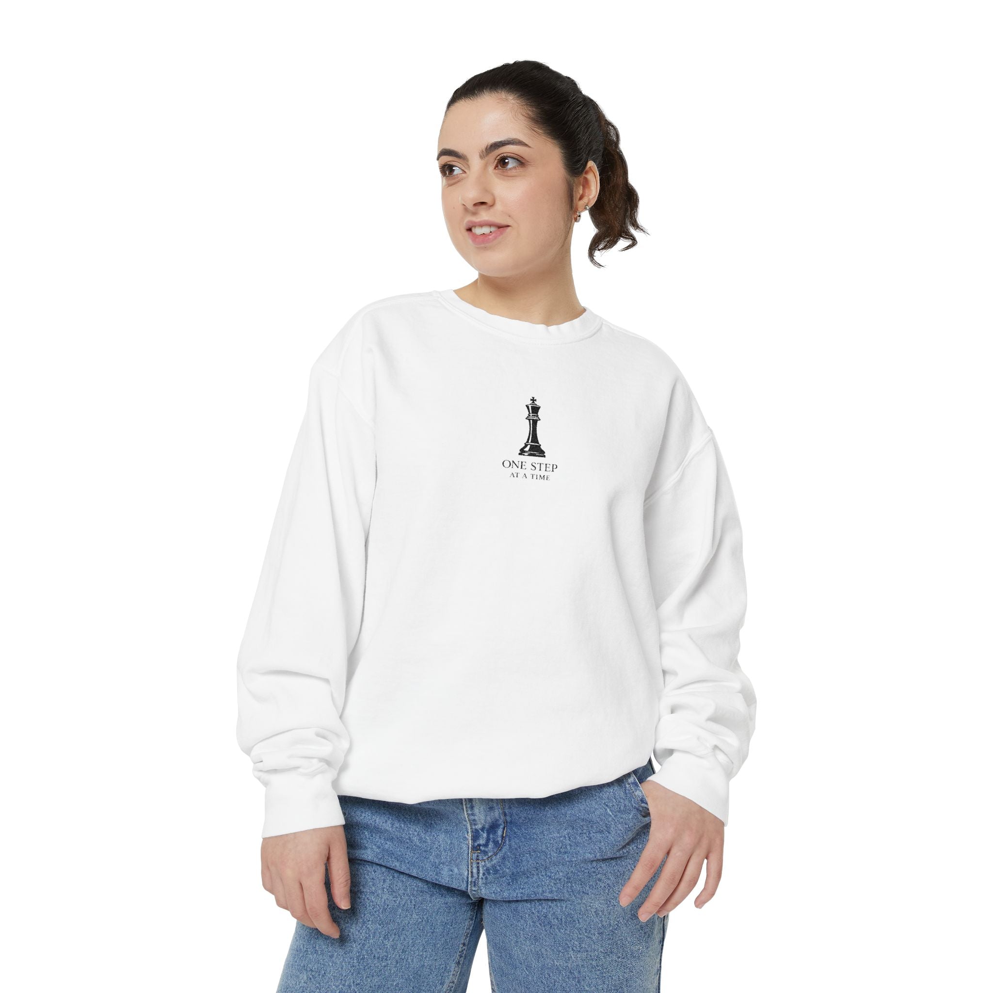 Minimalist Statue Crewneck Sweatshirt — "Love Over Fear" Graphic