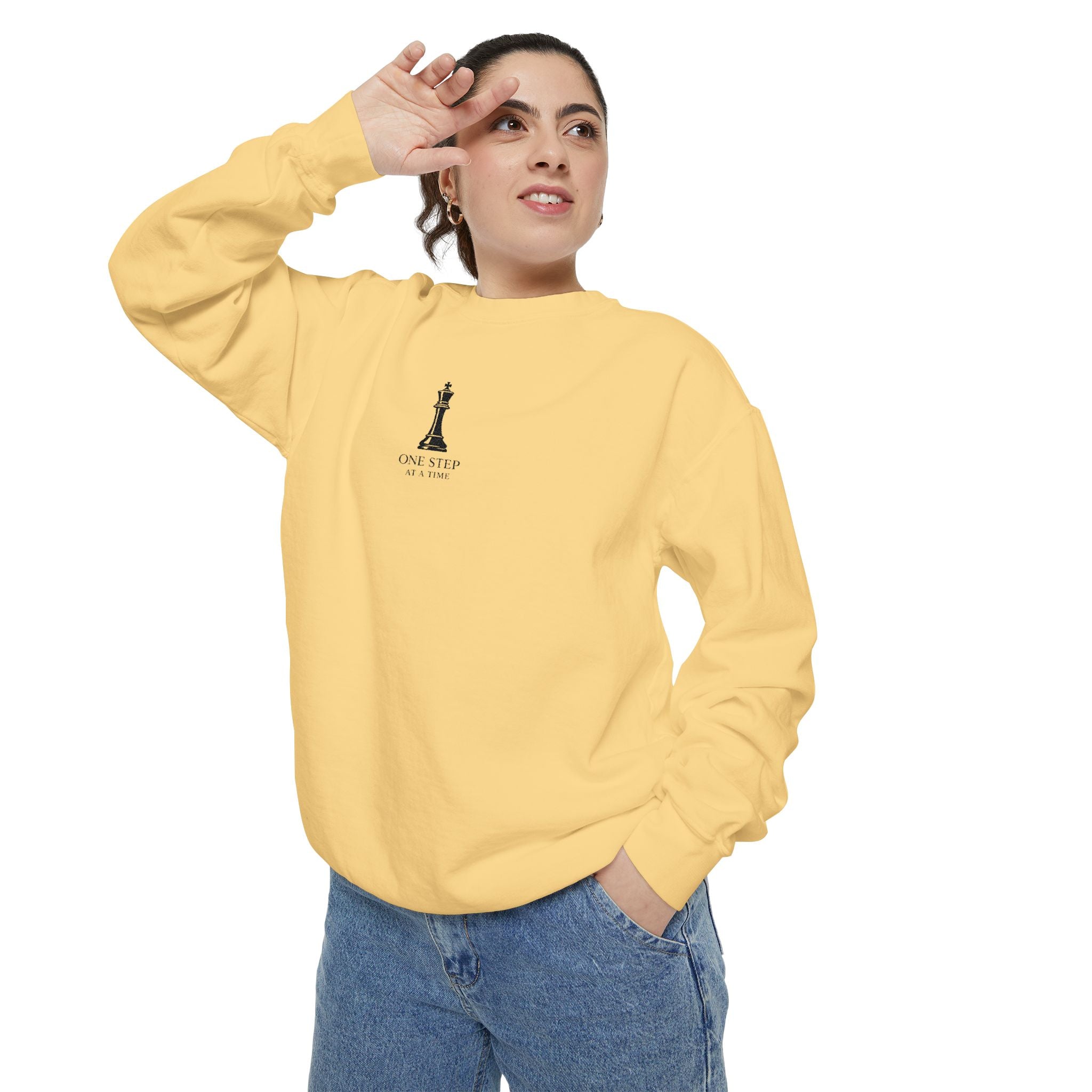 Minimalist Statue Crewneck Sweatshirt — "Love Over Fear" Graphic