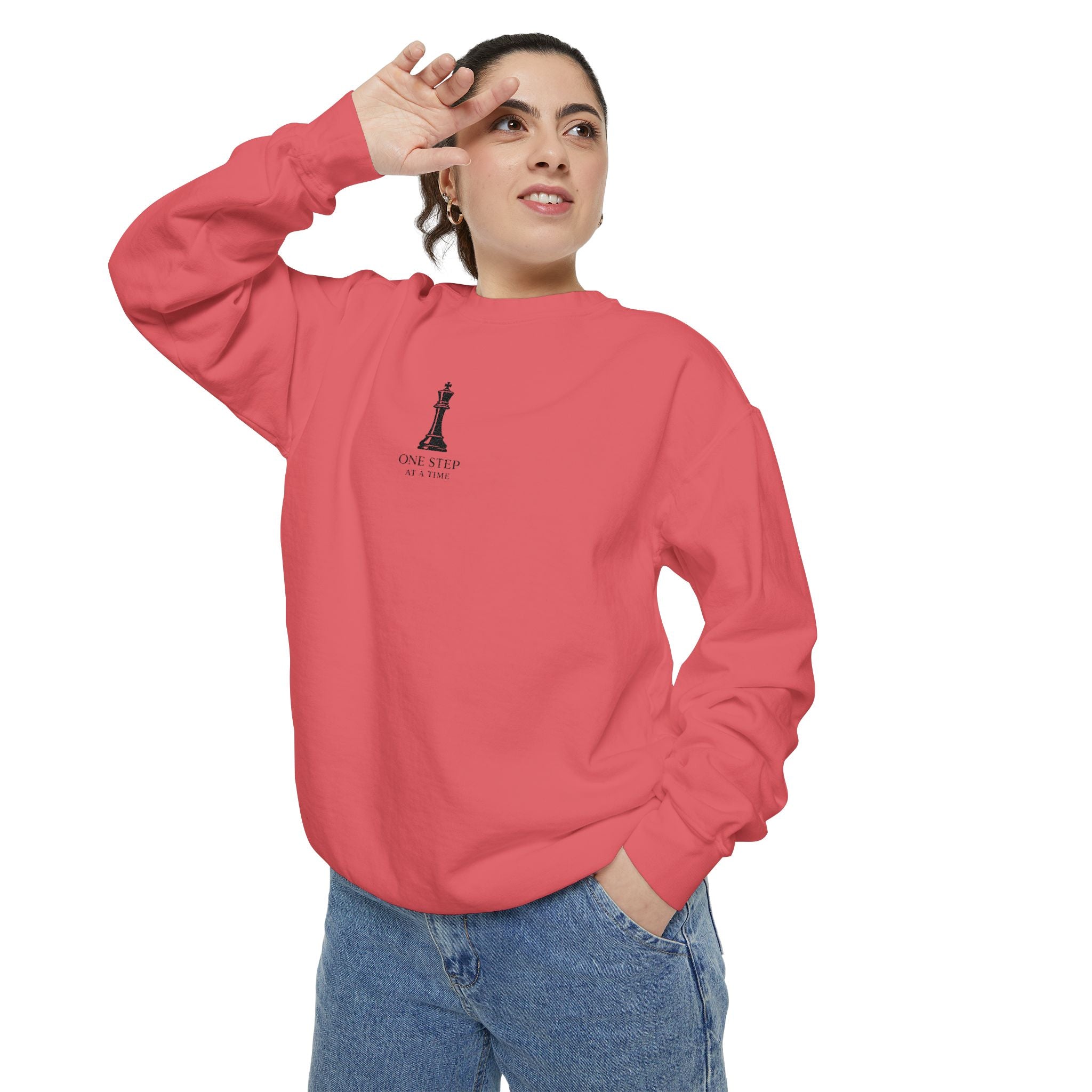 Minimalist Statue Crewneck Sweatshirt — "Love Over Fear" Graphic