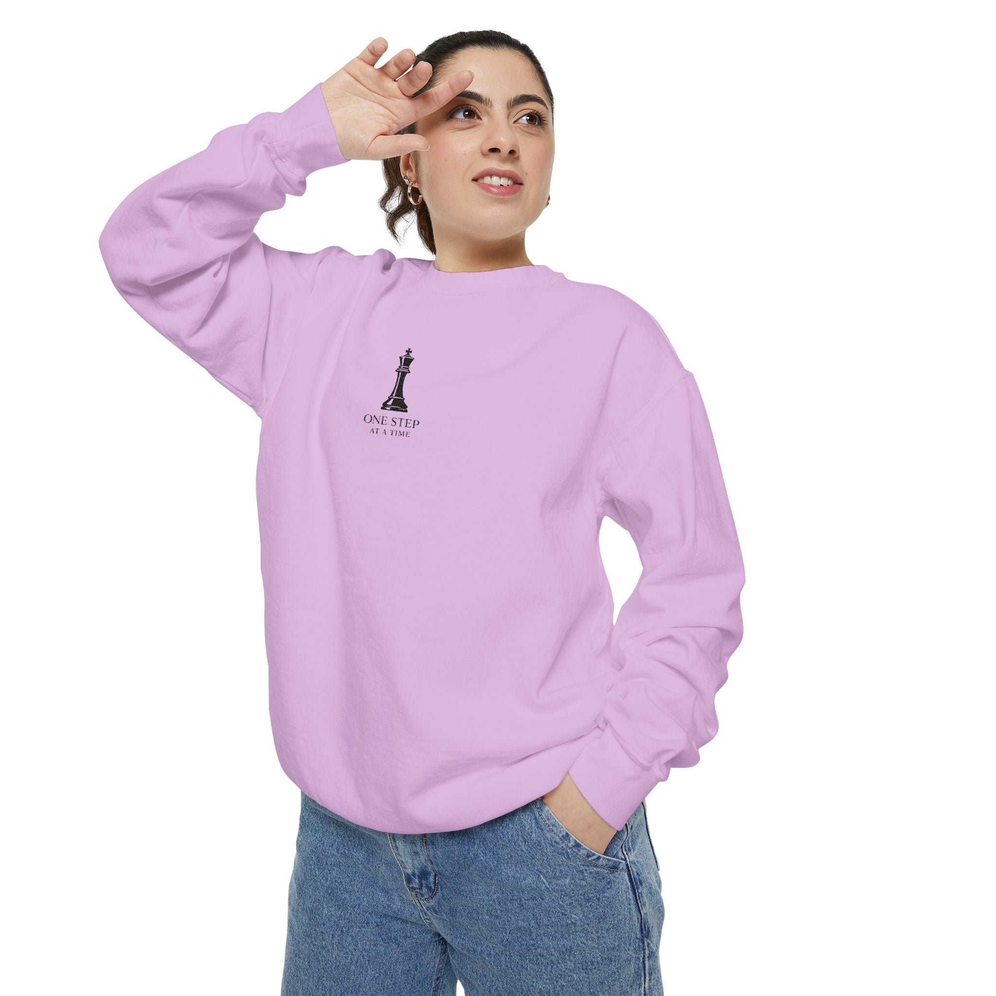 Minimalist Statue Crewneck Sweatshirt — "Love Over Fear" Graphic